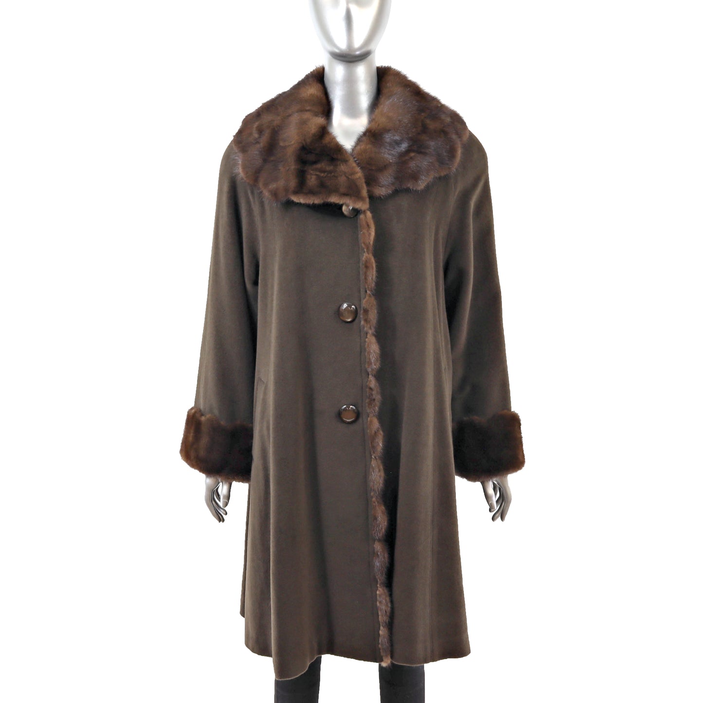 Brown Cashmere and Wool Coat with Mink Trim- Size M-L