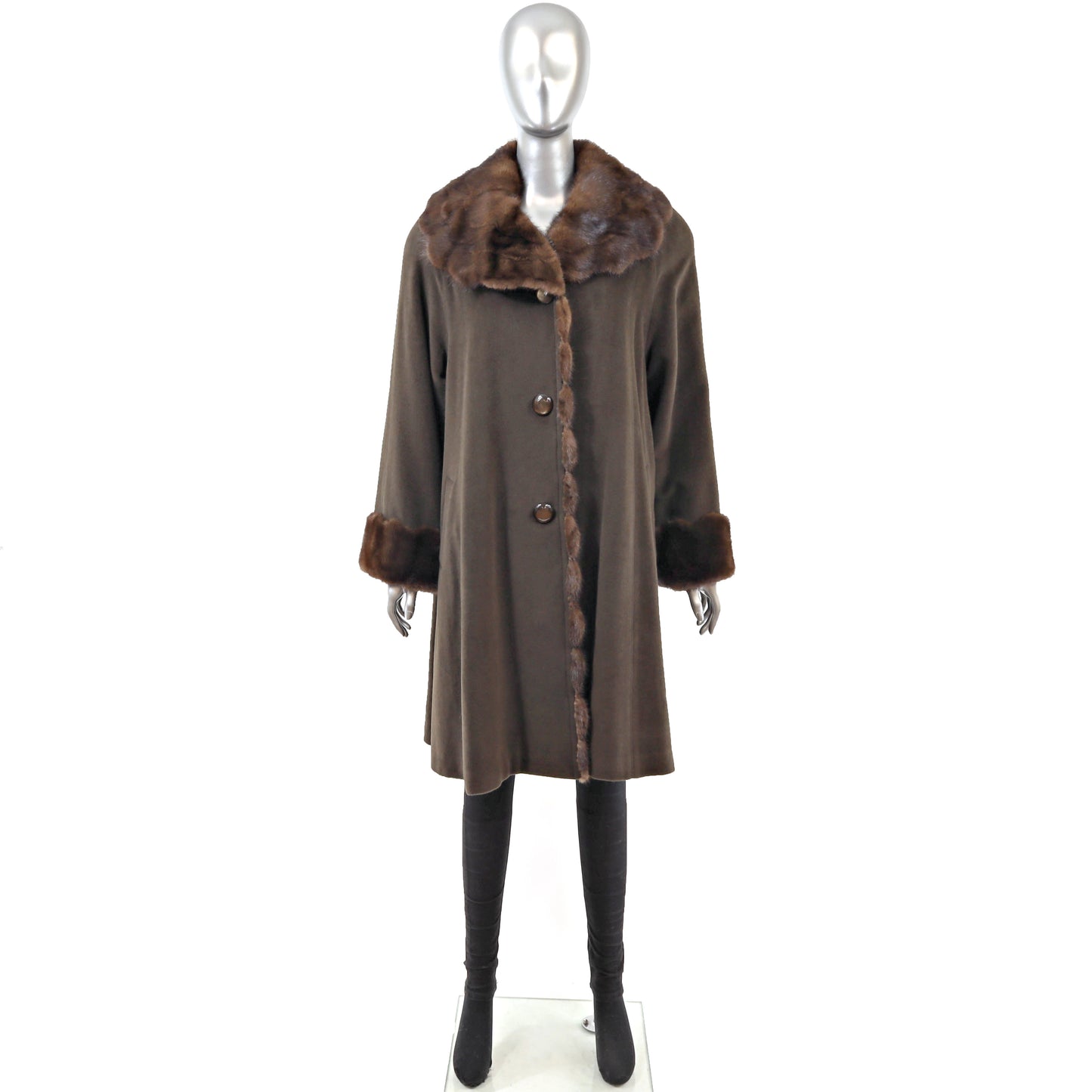 Brown Cashmere and Wool Coat with Mink Trim- Size M-L