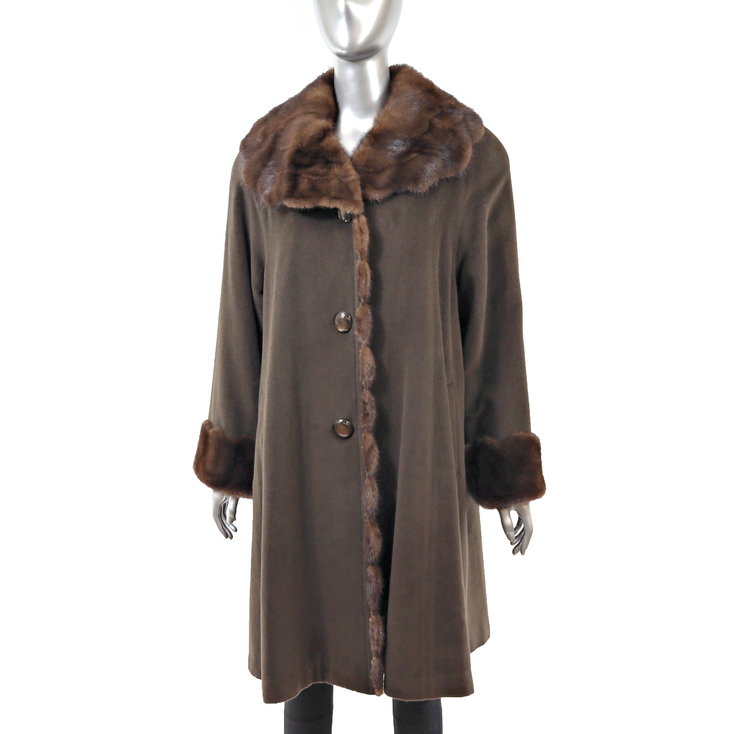 Brown Cashmere and Wool Coat with Mink Trim- Size M-L
