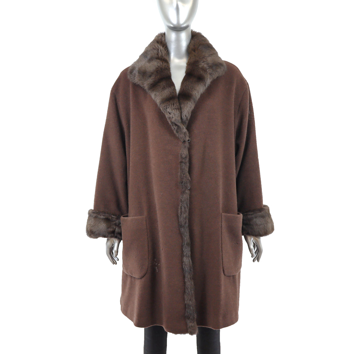 Brown Cashmere and Wool Coat with Rabbit Trim- Size L