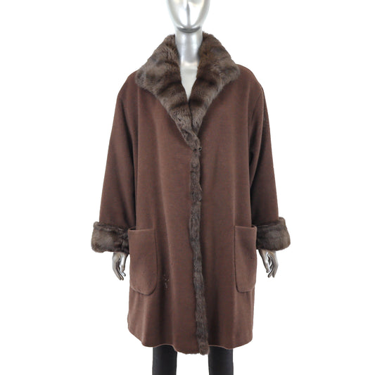 Brown Cashmere and Wool Coat with Rabbit Trim- Size L