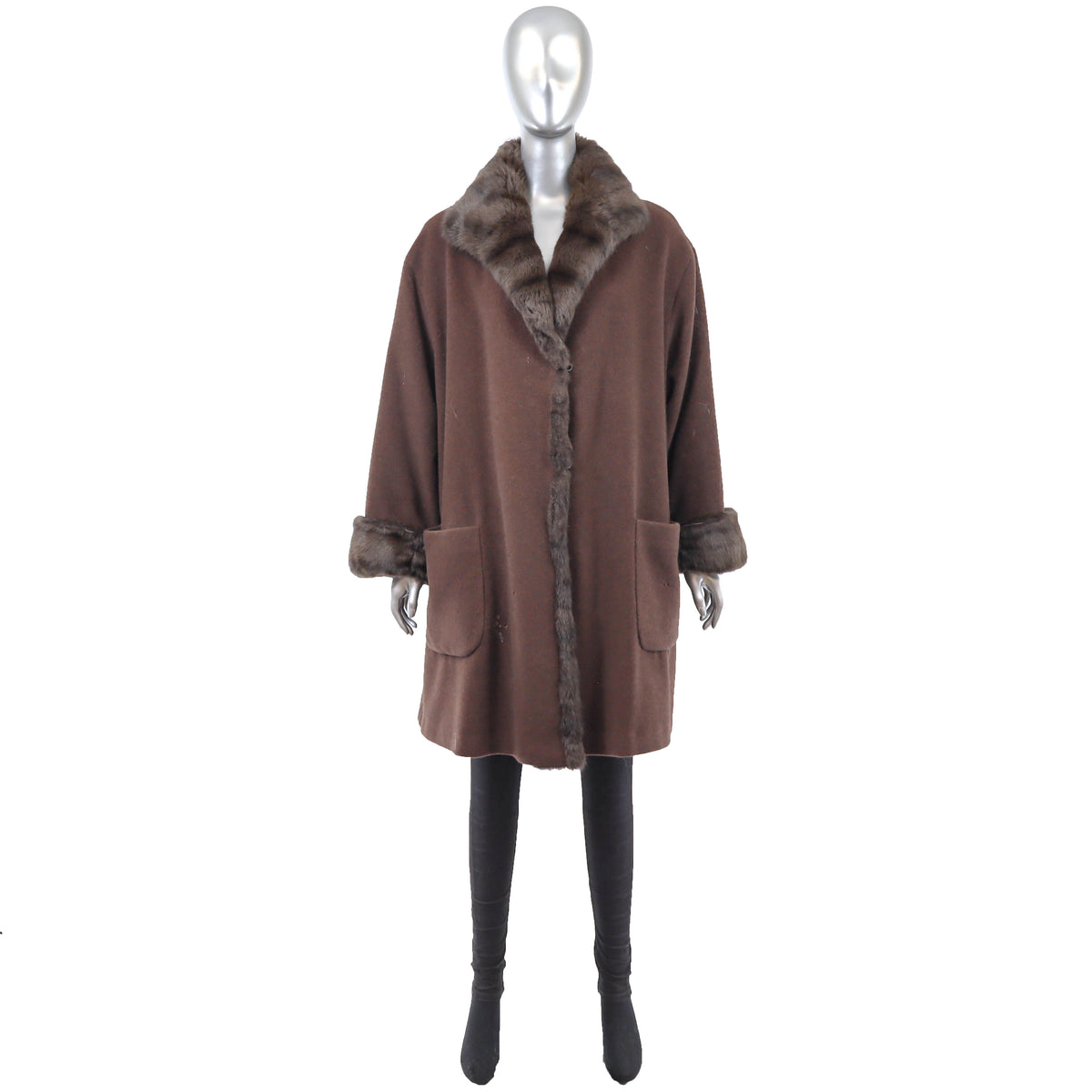 Brown Cashmere and Wool Coat with Rabbit Trim- Size L