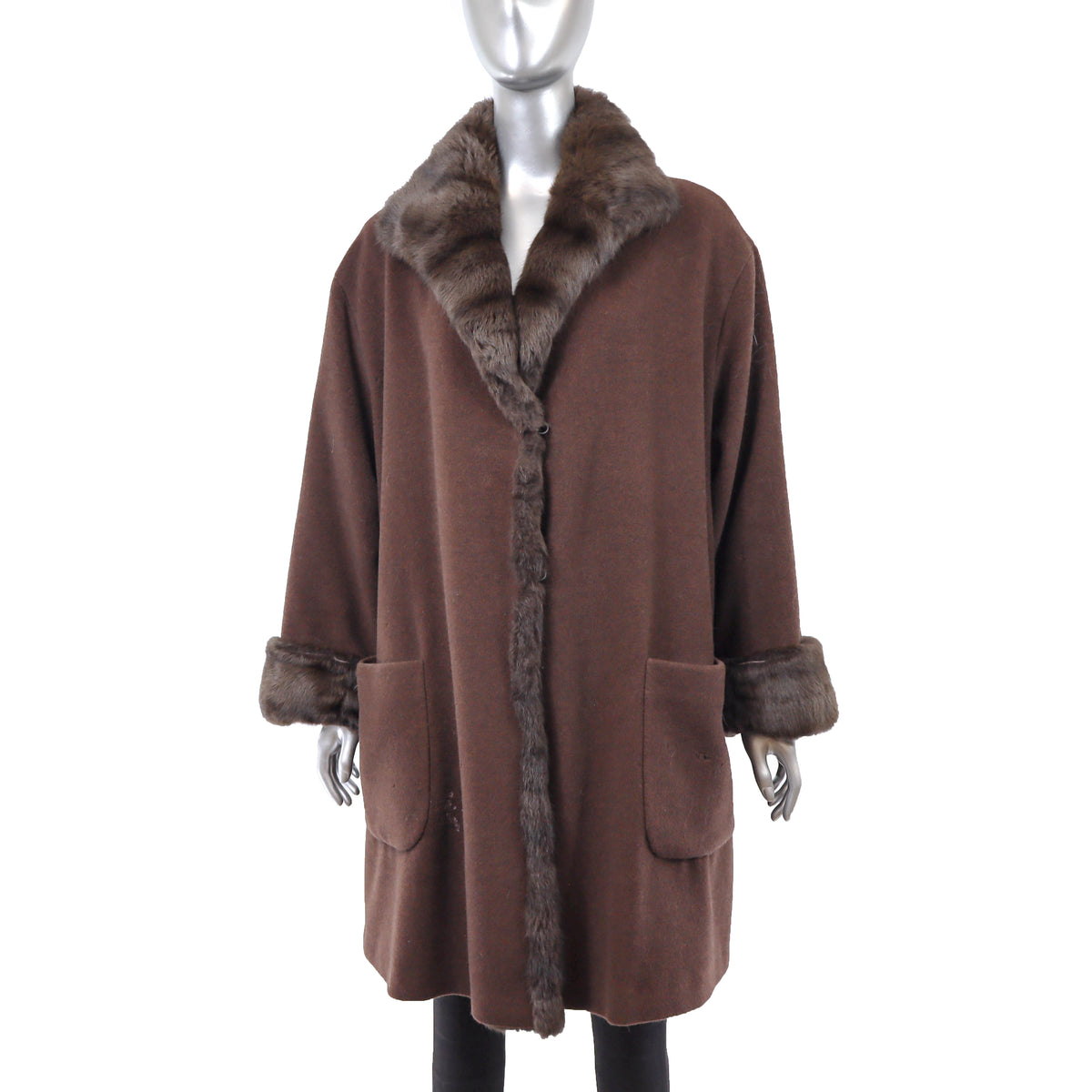Brown Cashmere and Wool Coat with Rabbit Trim- Size L