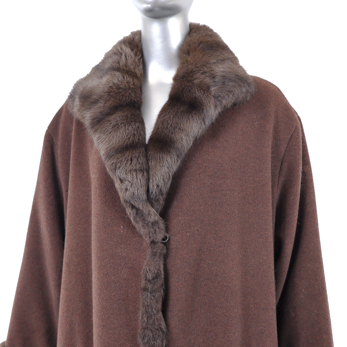Brown Cashmere and Wool Coat with Rabbit Trim- Size L