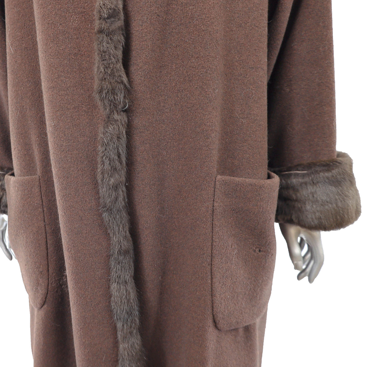 Brown Cashmere and Wool Coat with Rabbit Trim- Size L