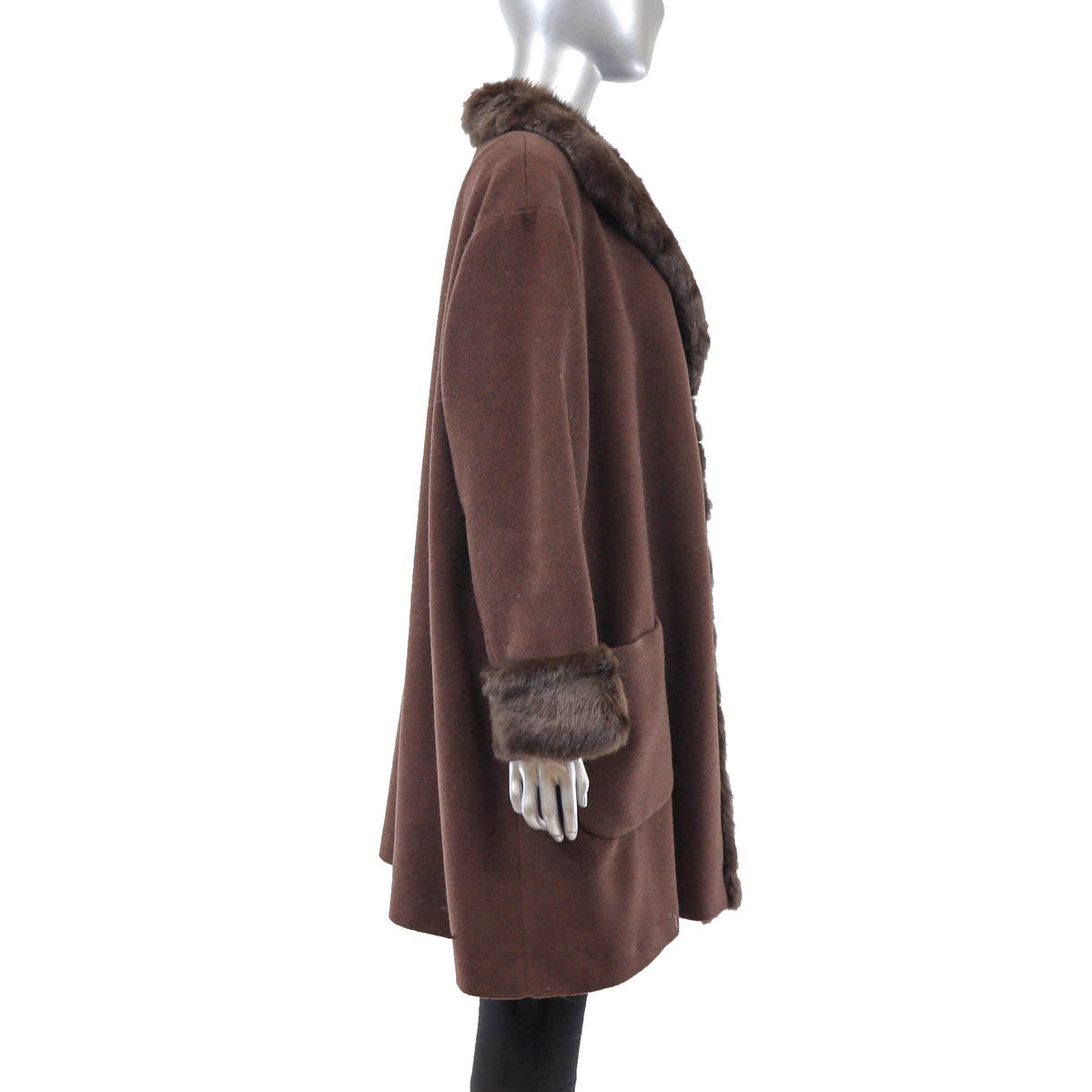 Brown Cashmere and Wool Coat with Rabbit Trim- Size L