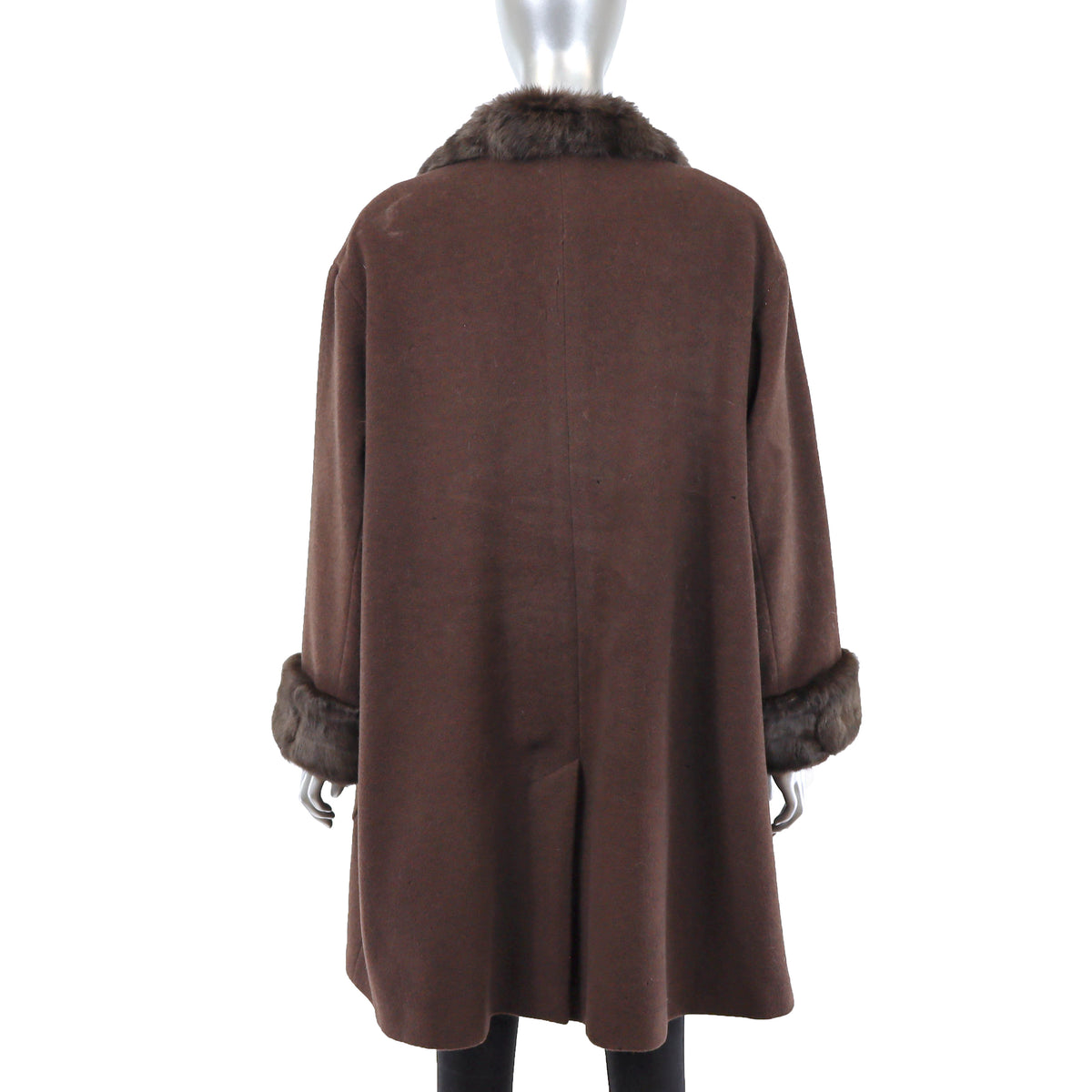 Brown Cashmere and Wool Coat with Rabbit Trim- Size L