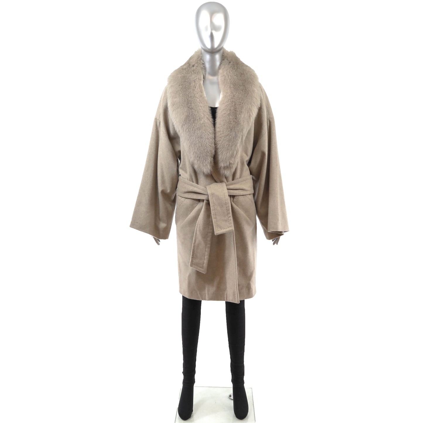 Grey Cashmere Coat with Detachable Fox Collar- Size S-M