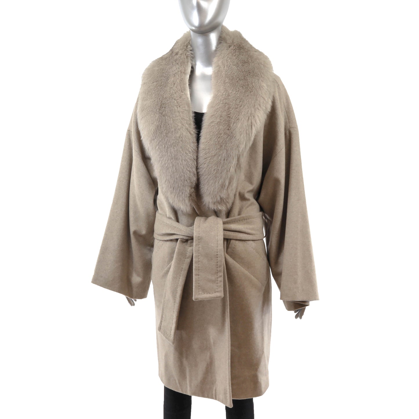 Grey Cashmere Coat with Detachable Fox Collar- Size S-M