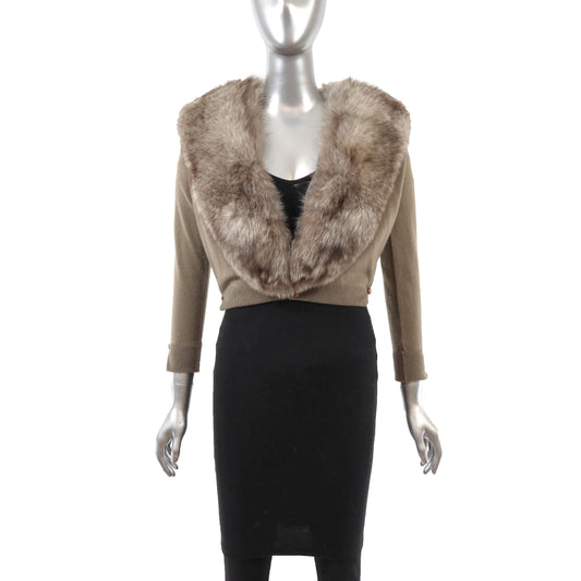 Taupe Cashmere Sweater with Detachable Fox Collar- Size XS