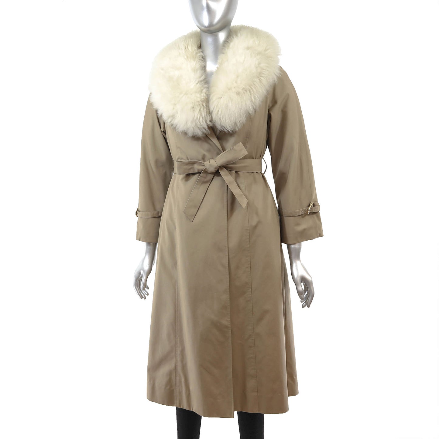 Beige Cloth Coat with Lamb Collar and Detachable Lamb Lining- Size S