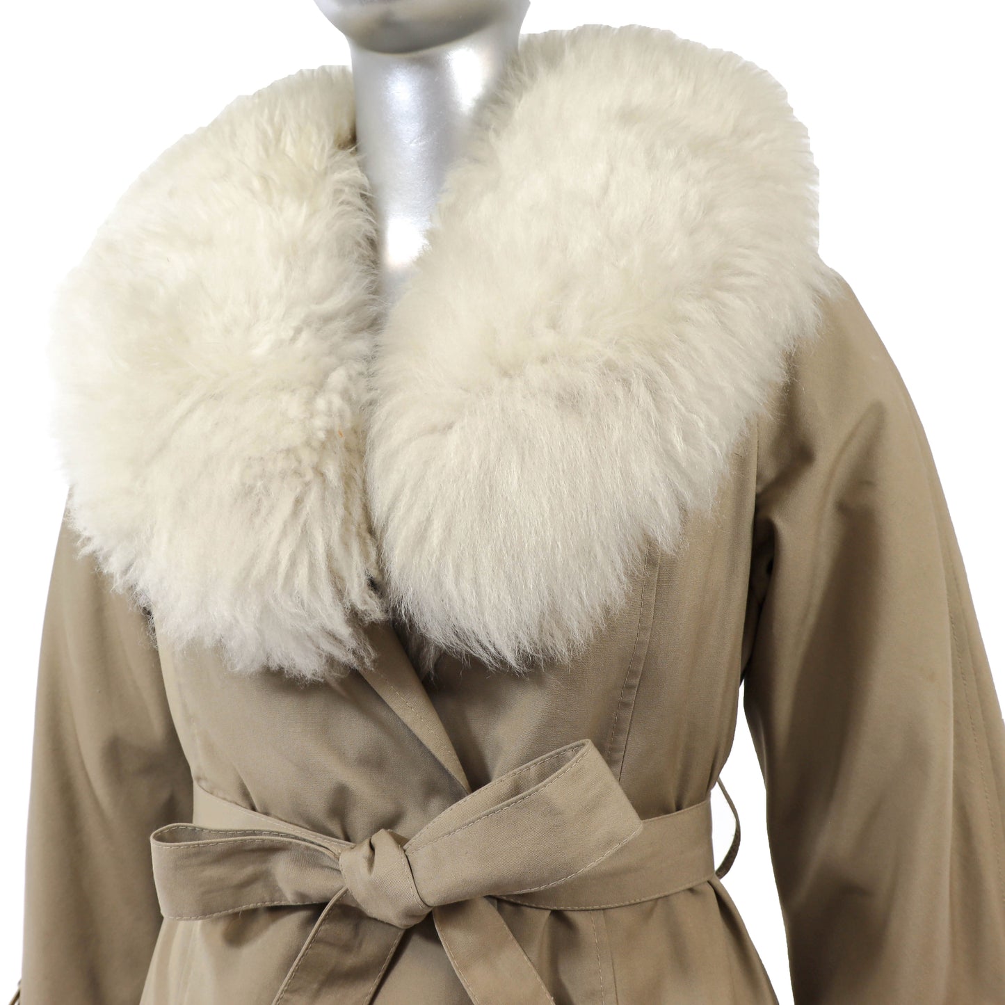 Beige Cloth Coat with Lamb Collar and Detachable Lamb Lining- Size S