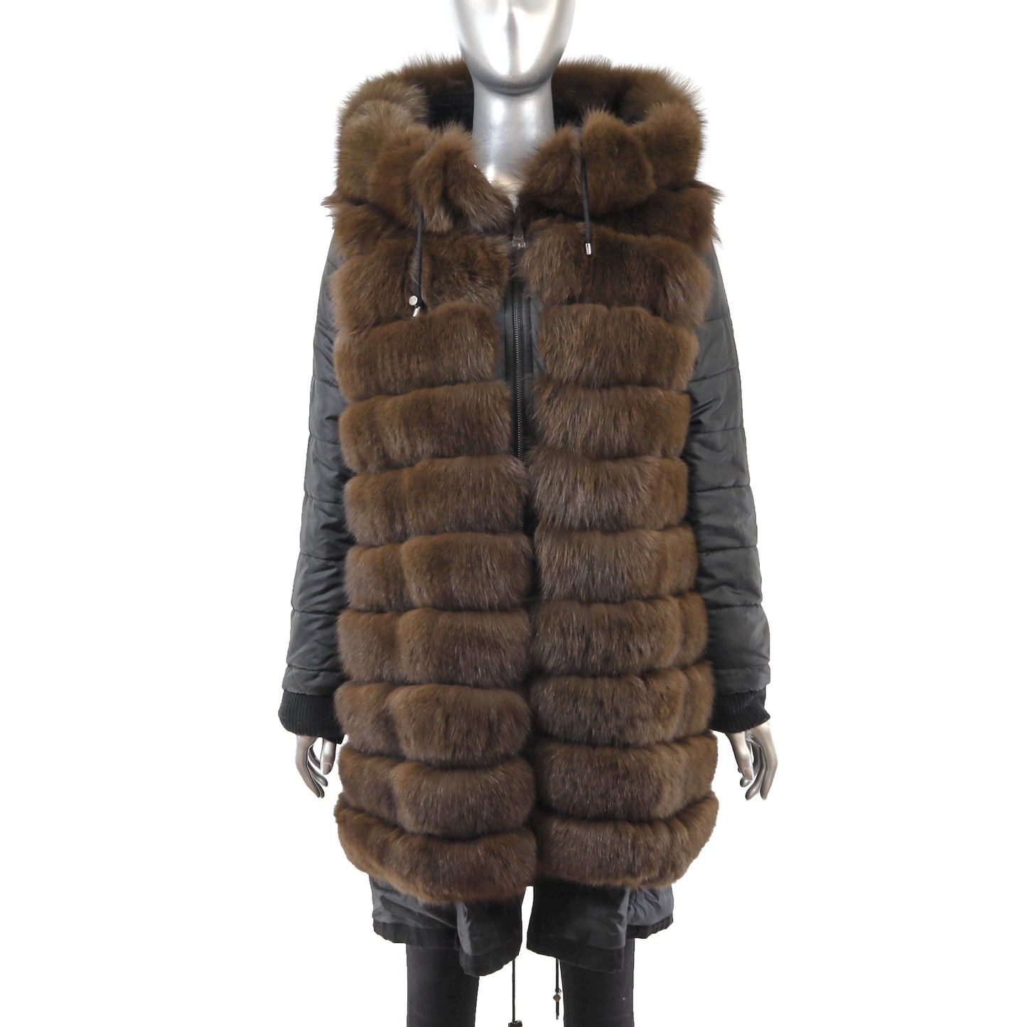 Black Hooded Puffer Coat with Detachable Fox Lining- Size L