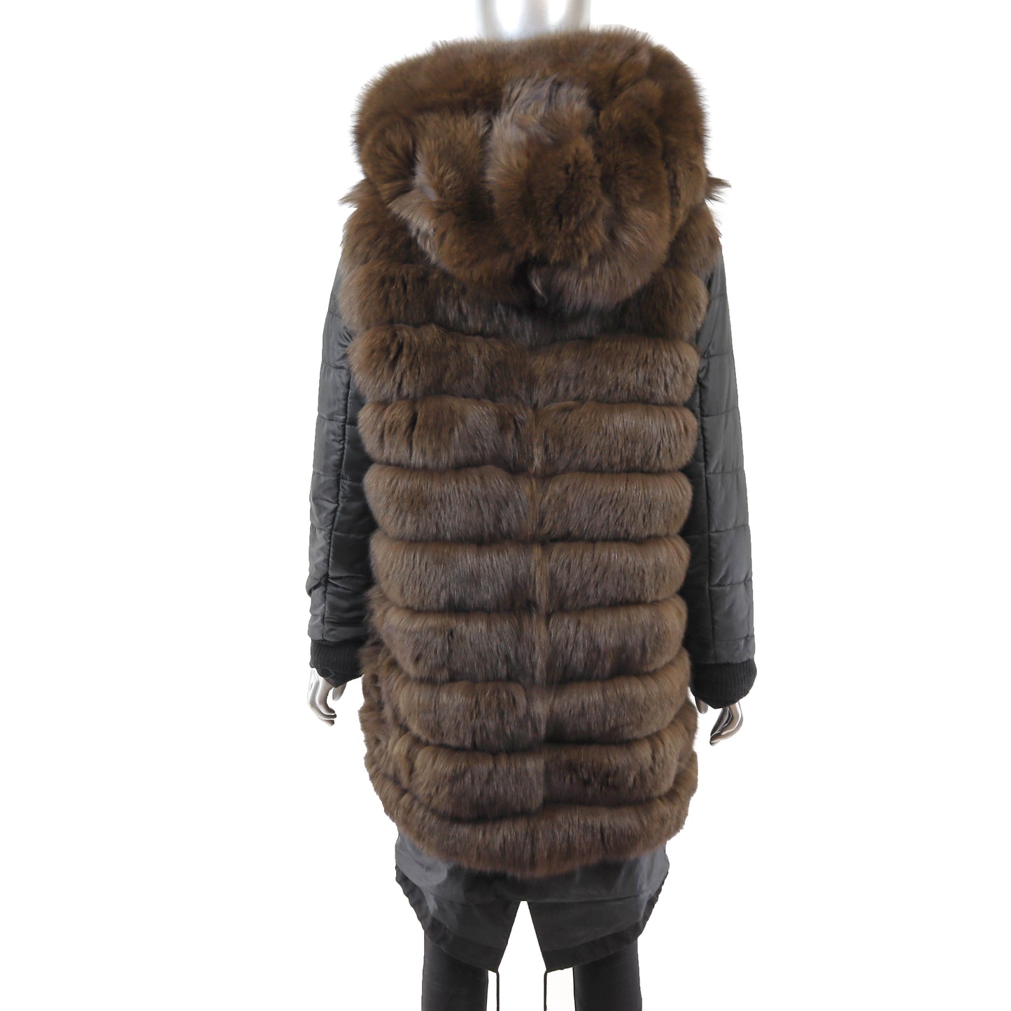 Black Hooded Puffer Coat with Detachable Fox Lining- Size L