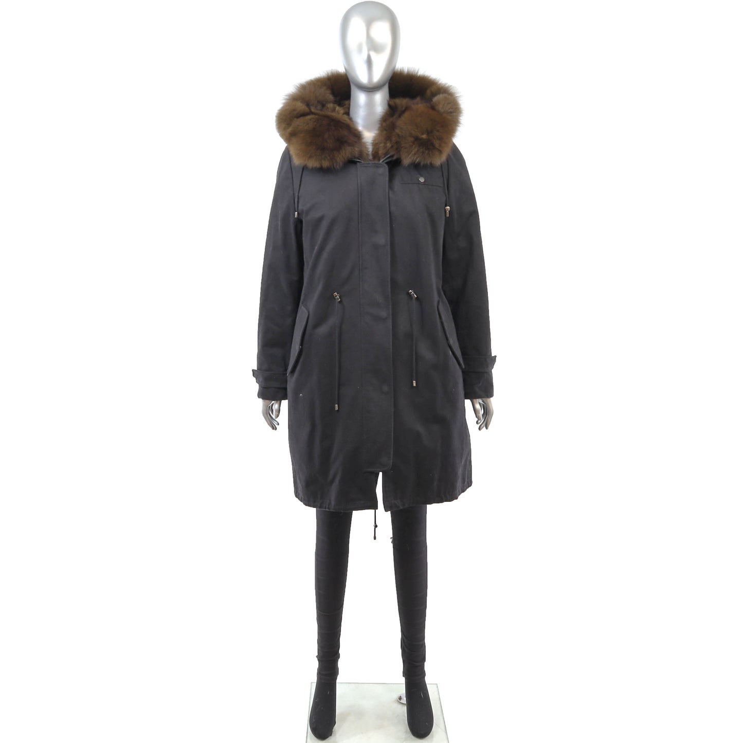 Black Hooded Puffer Coat with Detachable Fox Lining- Size L