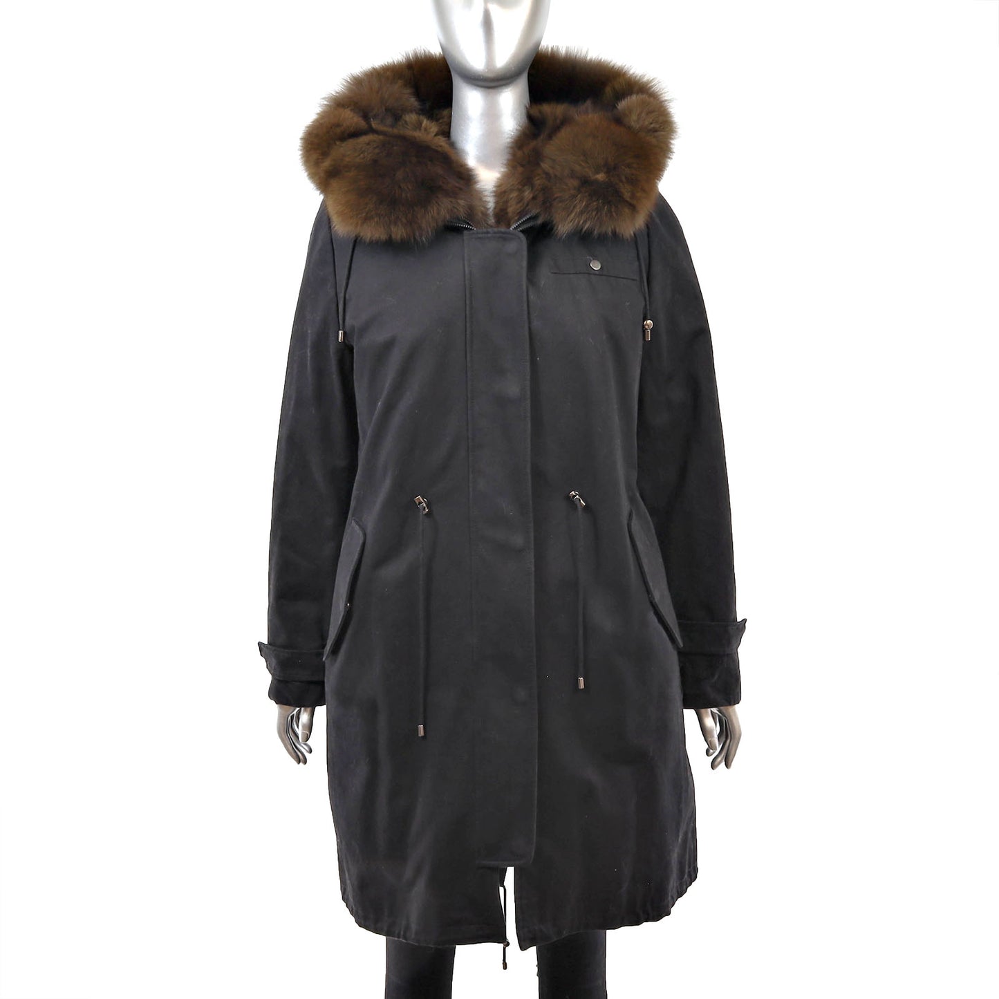 Black Hooded Puffer Coat with Detachable Fox Lining- Size L