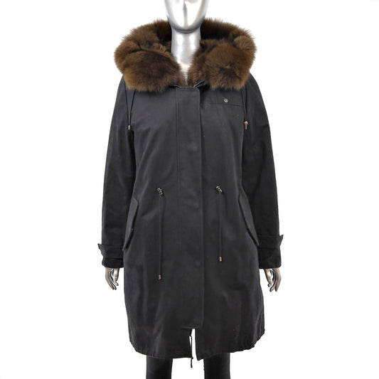 Black Hooded Puffer Coat with Detachable Fox Lining- Size L