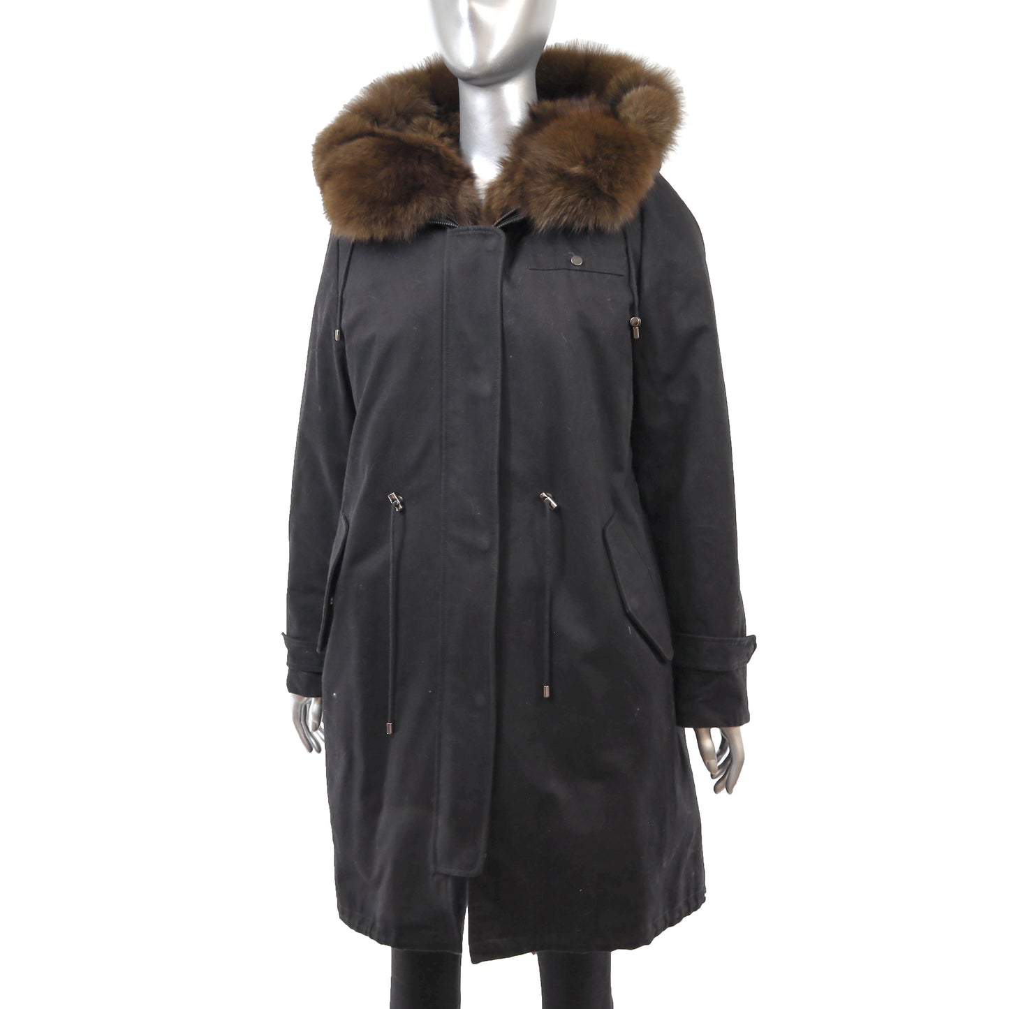 Black Hooded Puffer Coat with Detachable Fox Lining- Size L