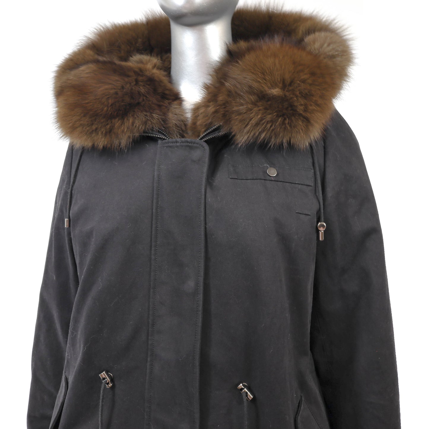 Black Hooded Puffer Coat with Detachable Fox Lining- Size L