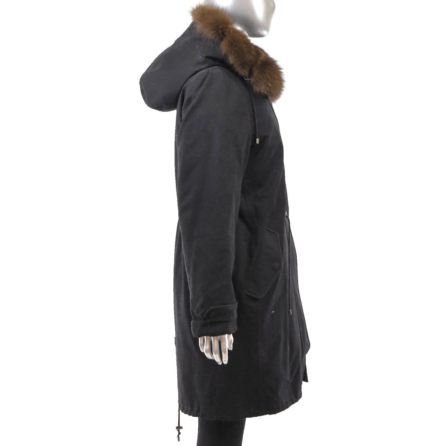 Black Hooded Puffer Coat with Detachable Fox Lining- Size L