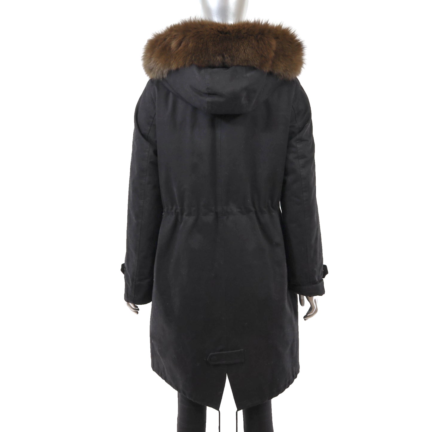 Black Hooded Puffer Coat with Detachable Fox Lining- Size L