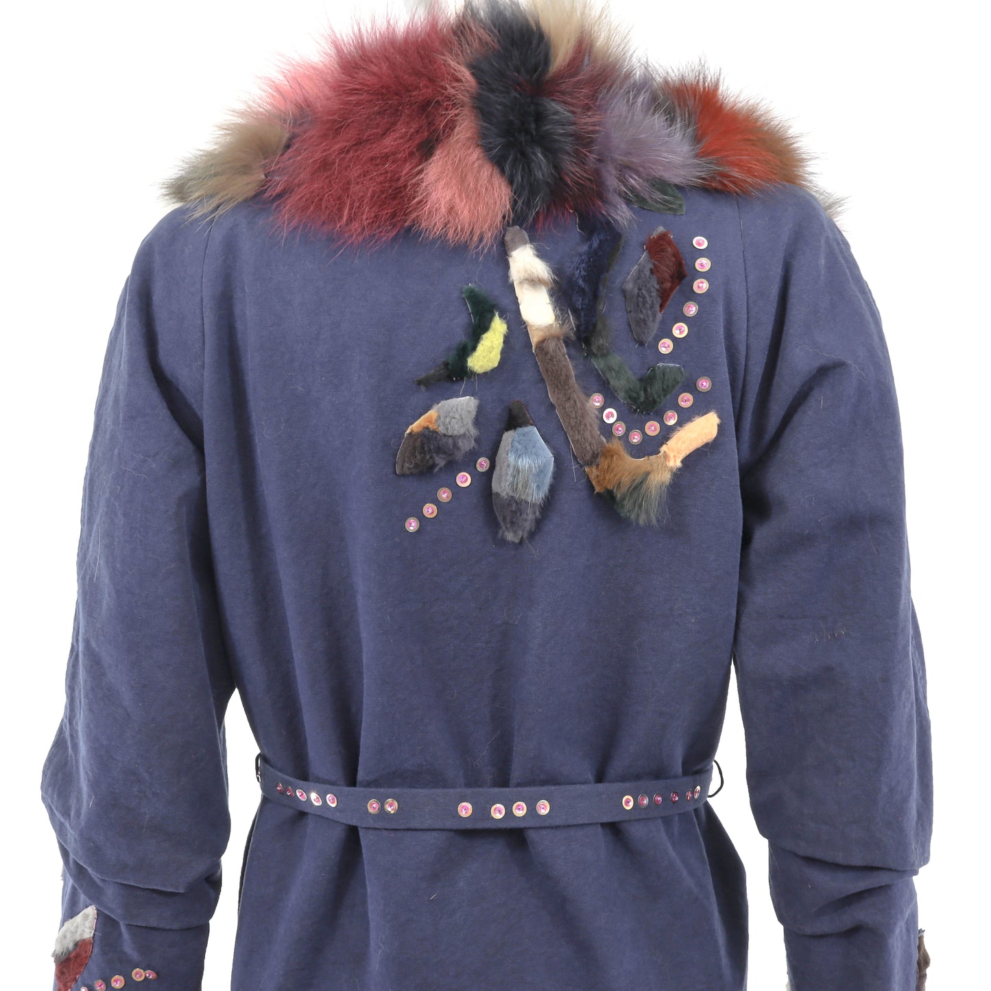 Christian Lacroix Blue Cotton Jacket with Multicolor Fox Trim- Size S