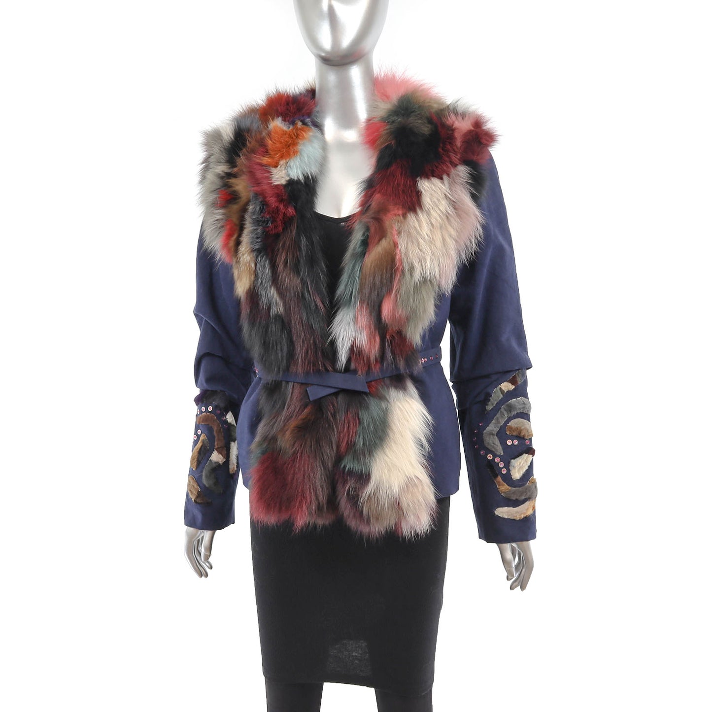 Christian Lacroix Blue Cotton Jacket with Multicolor Fox Trim- Size S