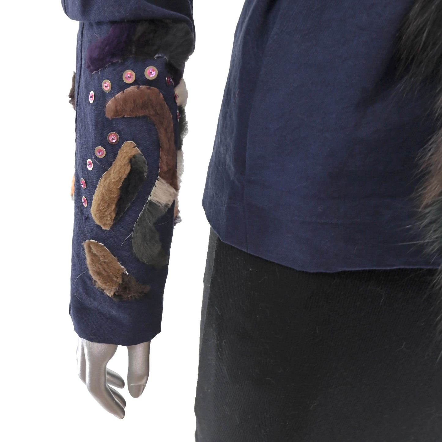 Christian Lacroix Blue Cotton Jacket with Multicolor Fox Trim- Size S