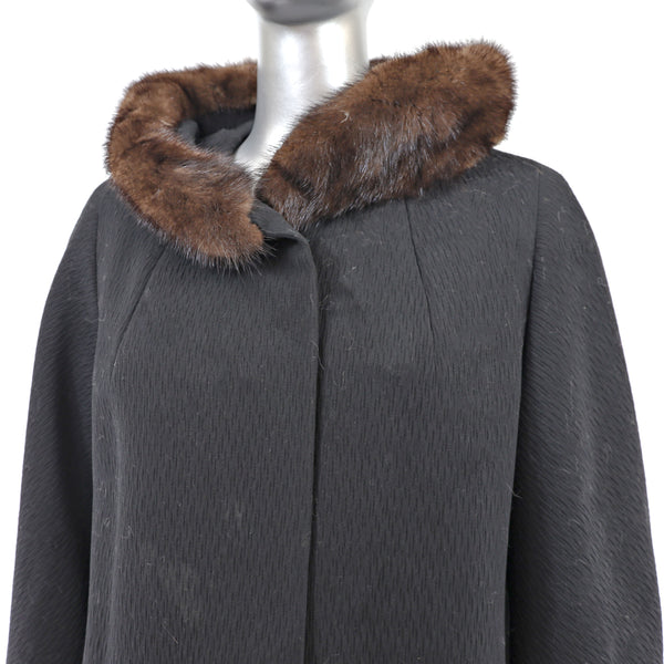 Black Fabric Coat With Mink Collar- Size L