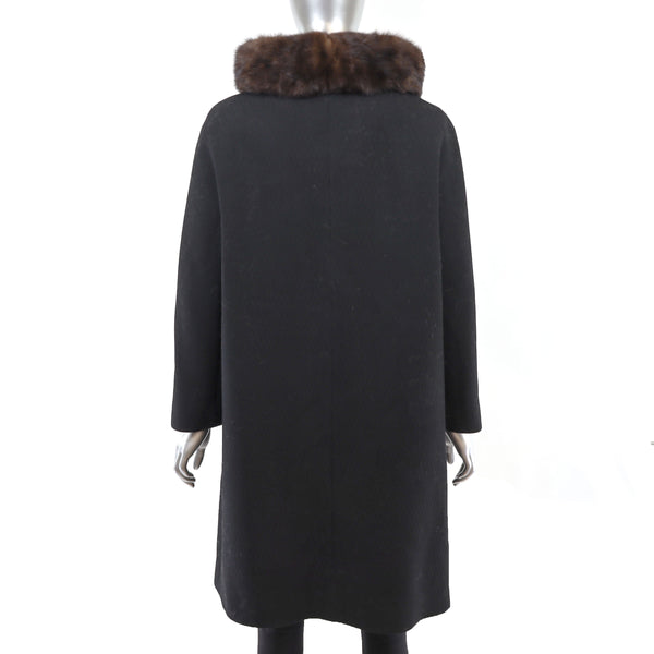 Black Fabric Coat With Mink Collar- Size L