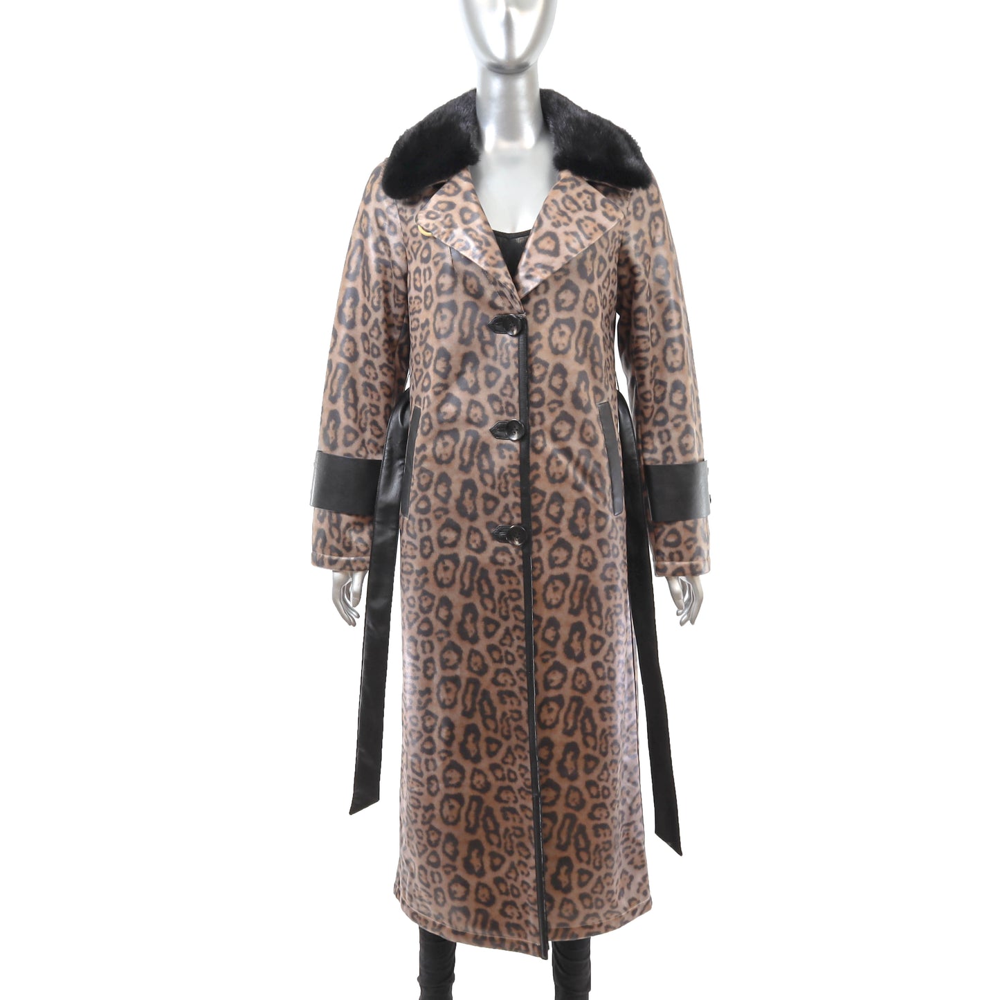 Animal Printed Faux Leather Coat with Mink Collar- Size M