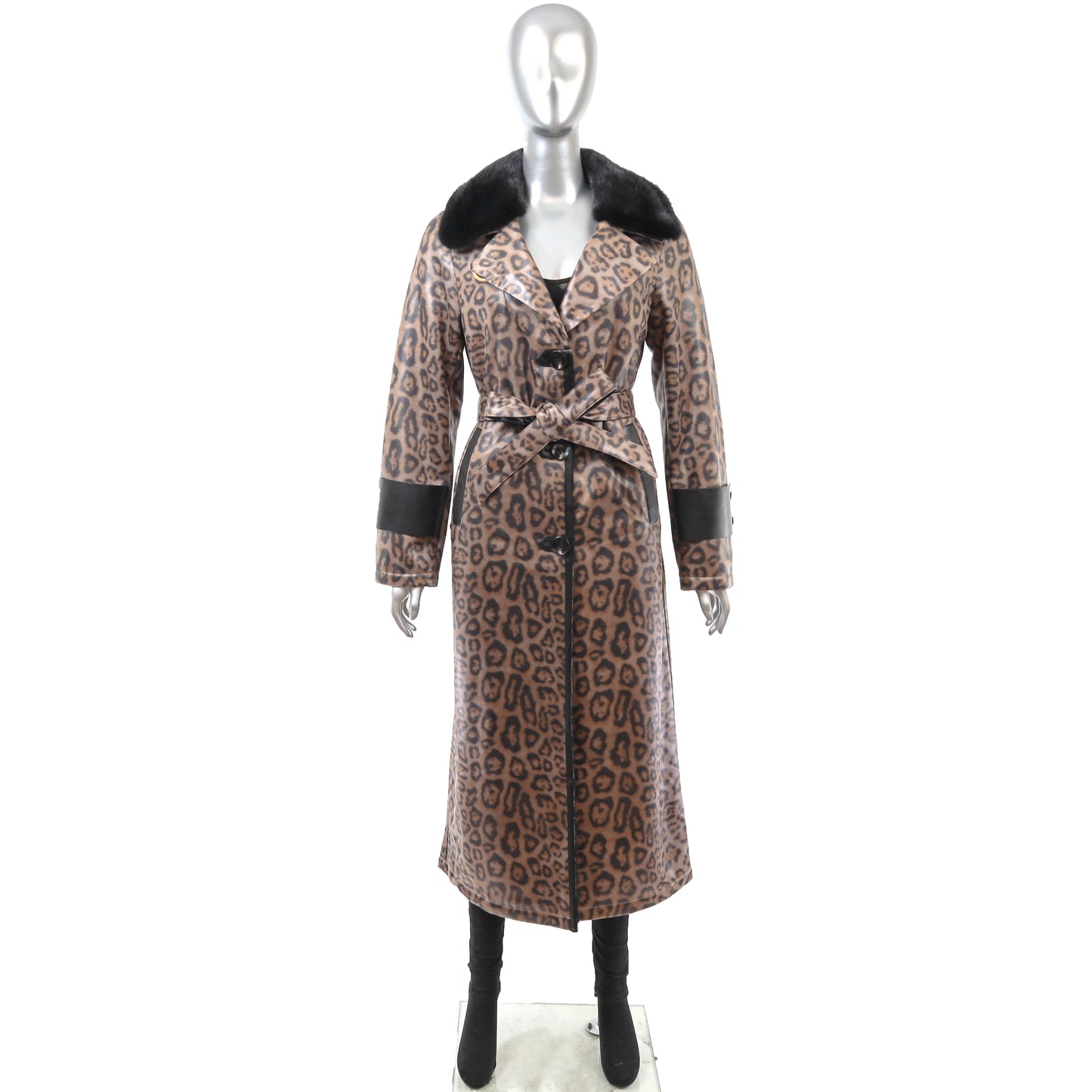 Animal Printed Faux Leather Coat with Mink Collar- Size M