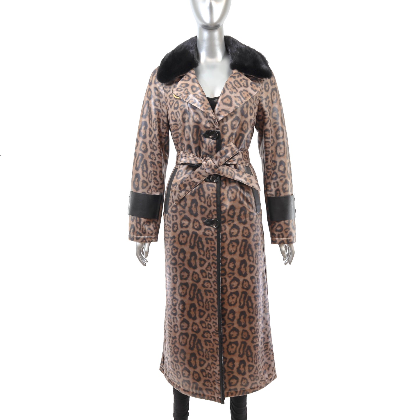 Animal Printed Faux Leather Coat with Mink Collar- Size M