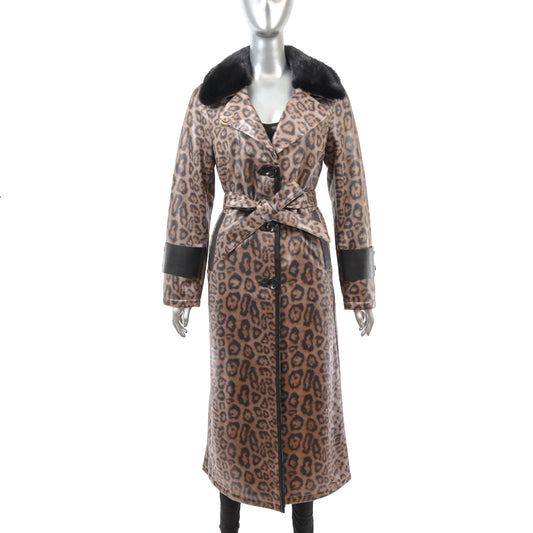 Animal Printed Faux Leather Coat with Mink Collar- Size M
