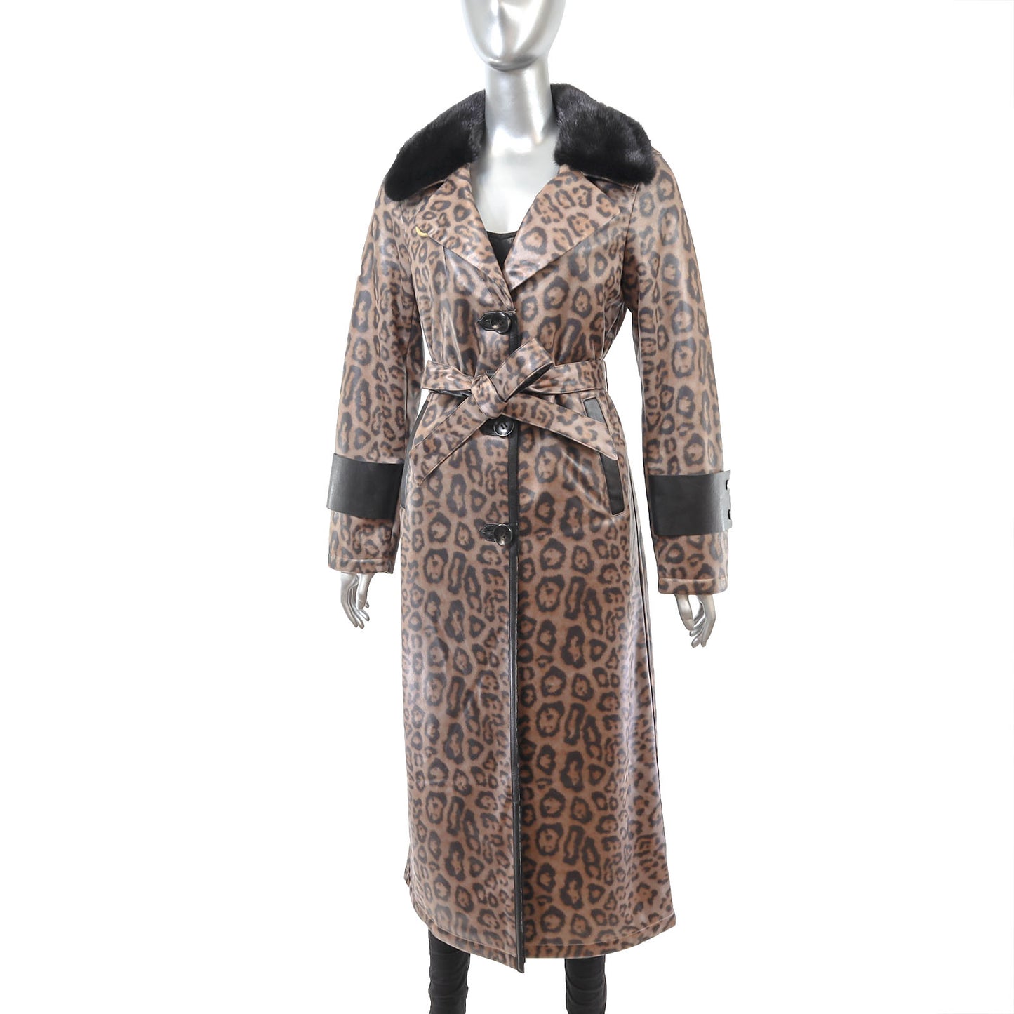 Animal Printed Faux Leather Coat with Mink Collar- Size M
