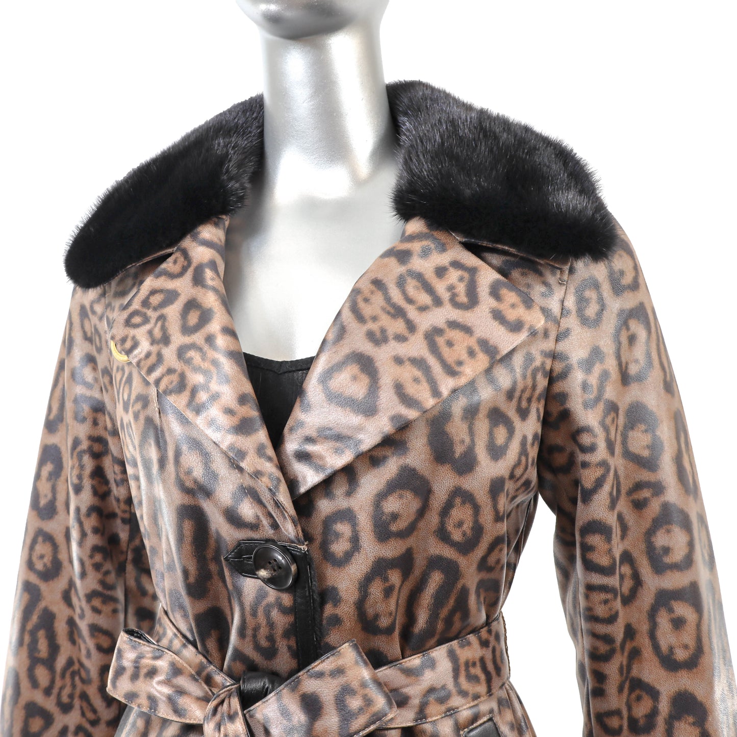 Animal Printed Faux Leather Coat with Mink Collar- Size M