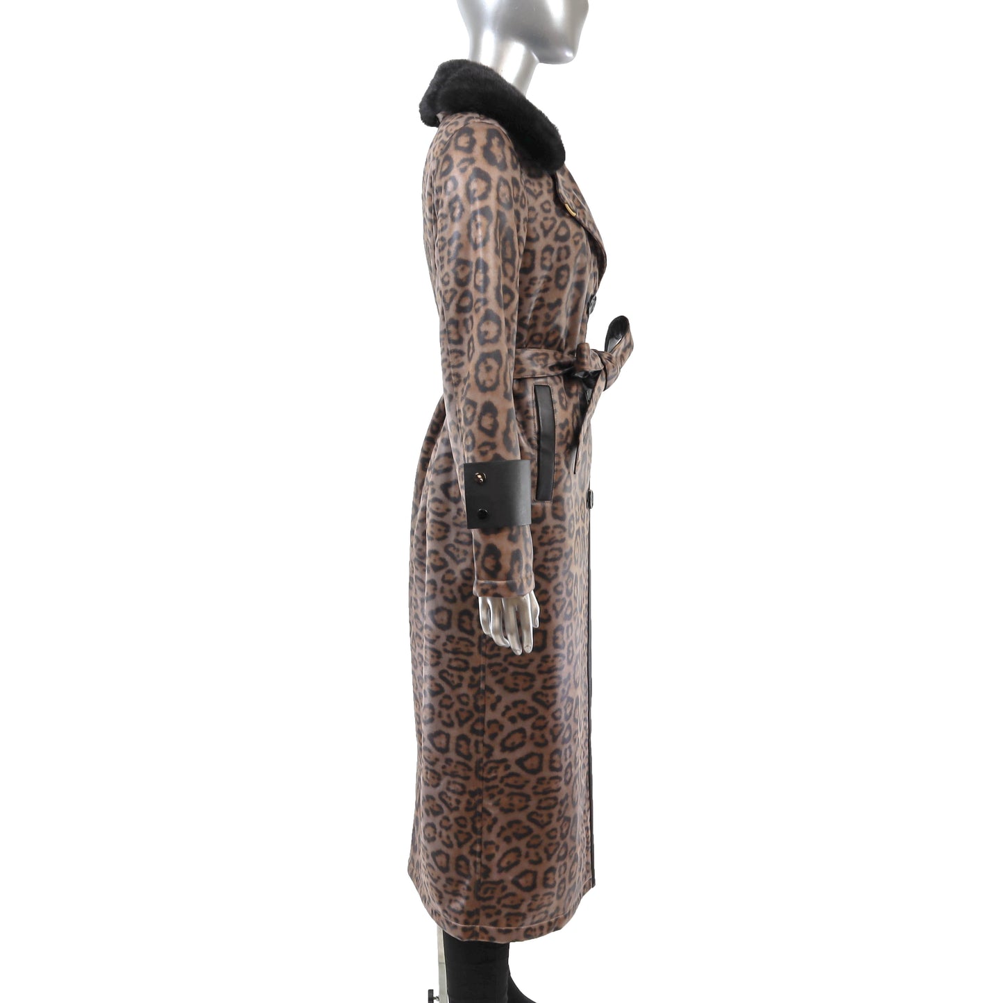 Animal Printed Faux Leather Coat with Mink Collar- Size M