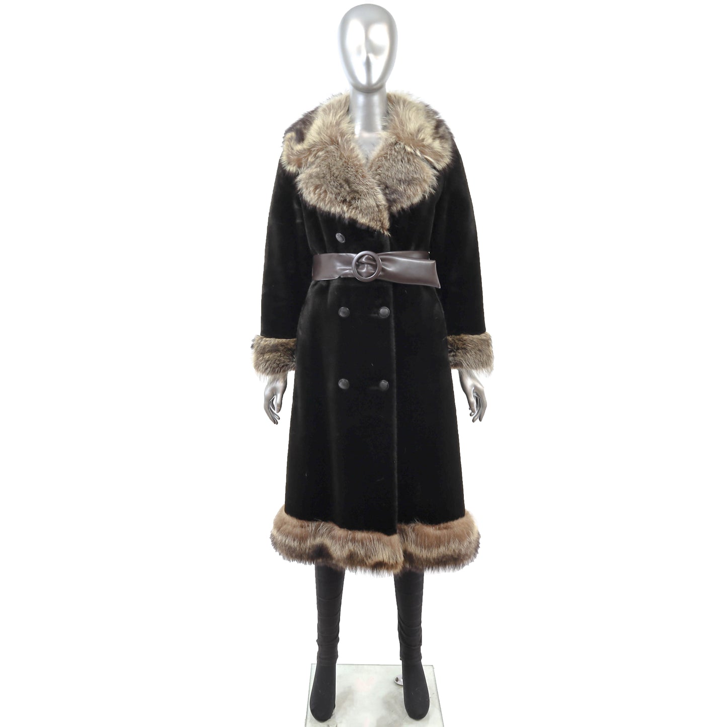 Faux Fur Coat with Raccoon Trim- Size S