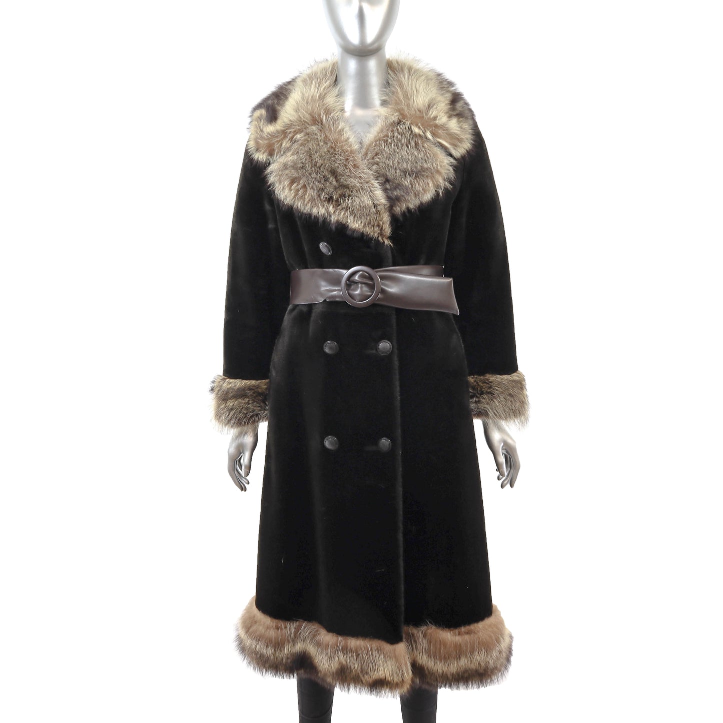 Faux Fur Coat with Raccoon Trim- Size S