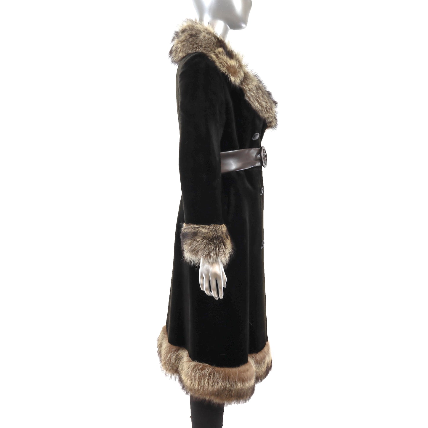 Faux Fur Coat with Raccoon Trim- Size S
