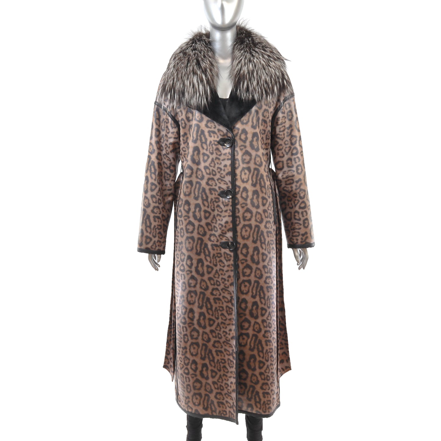 Animal Printed Faux Leather Coat with Detachable Fox Collar- Size M-L