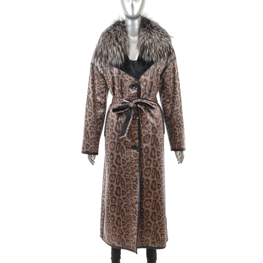 Animal Printed Faux Leather Coat with Detachable Fox Collar- Size M-L