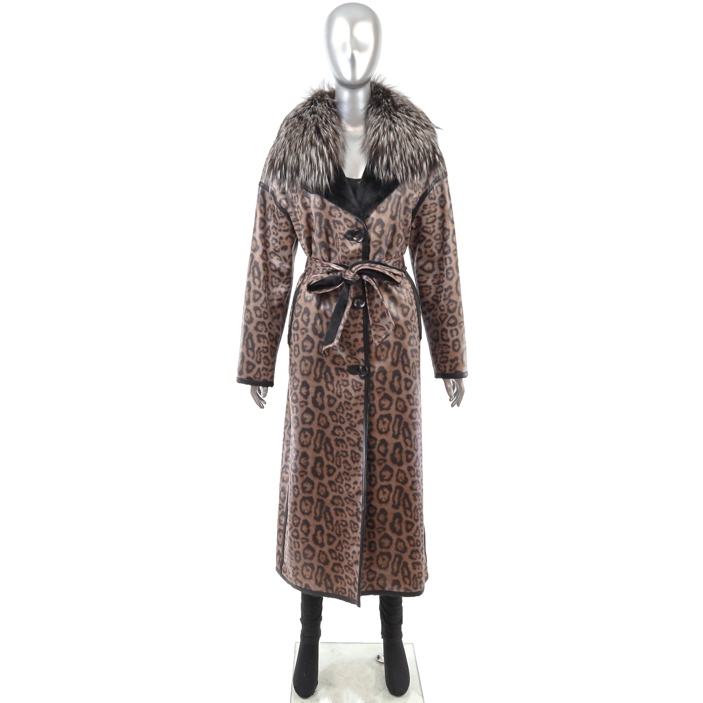 Animal Printed Faux Leather Coat with Detachable Fox Collar- Size M-L