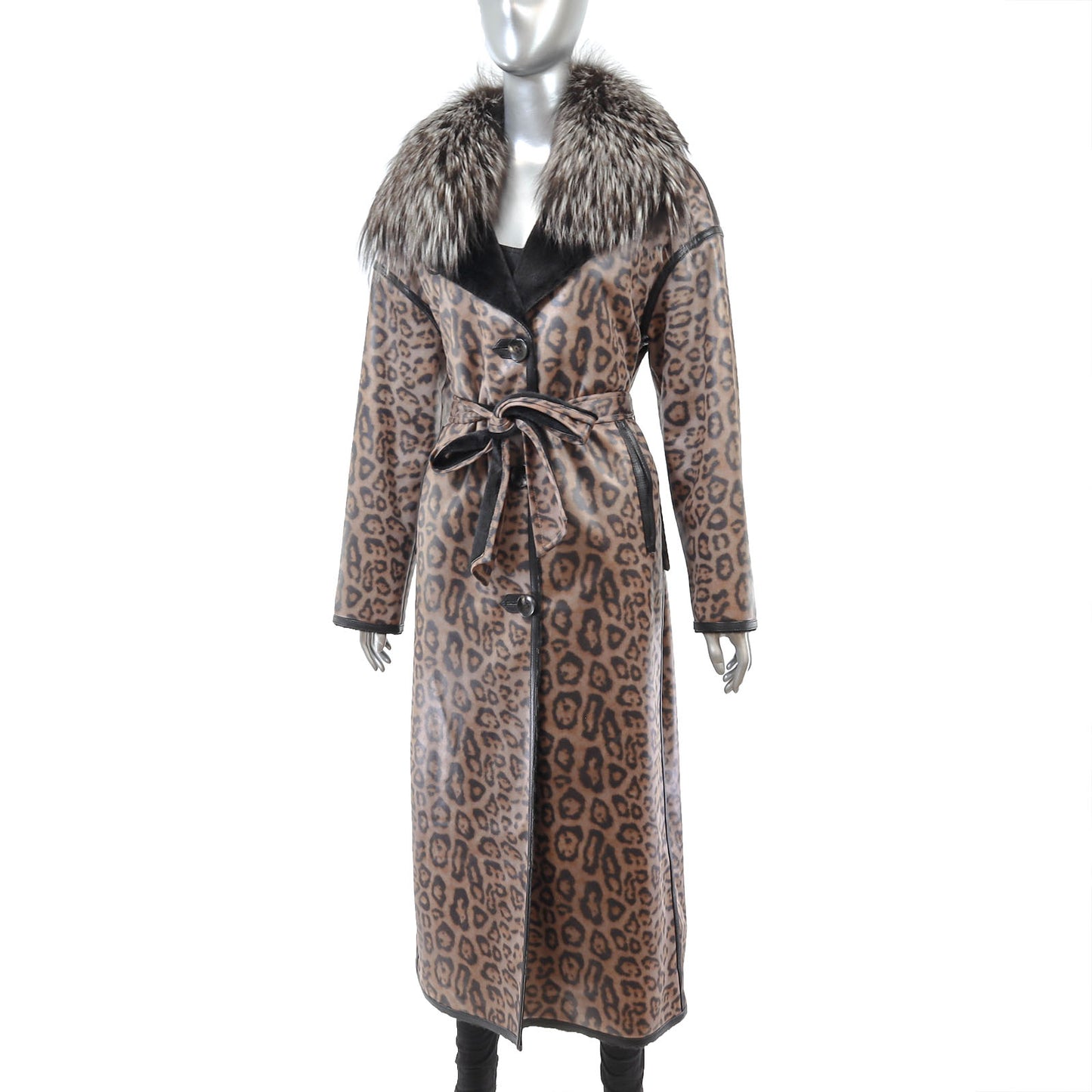 Animal Printed Faux Leather Coat with Detachable Fox Collar- Size M-L