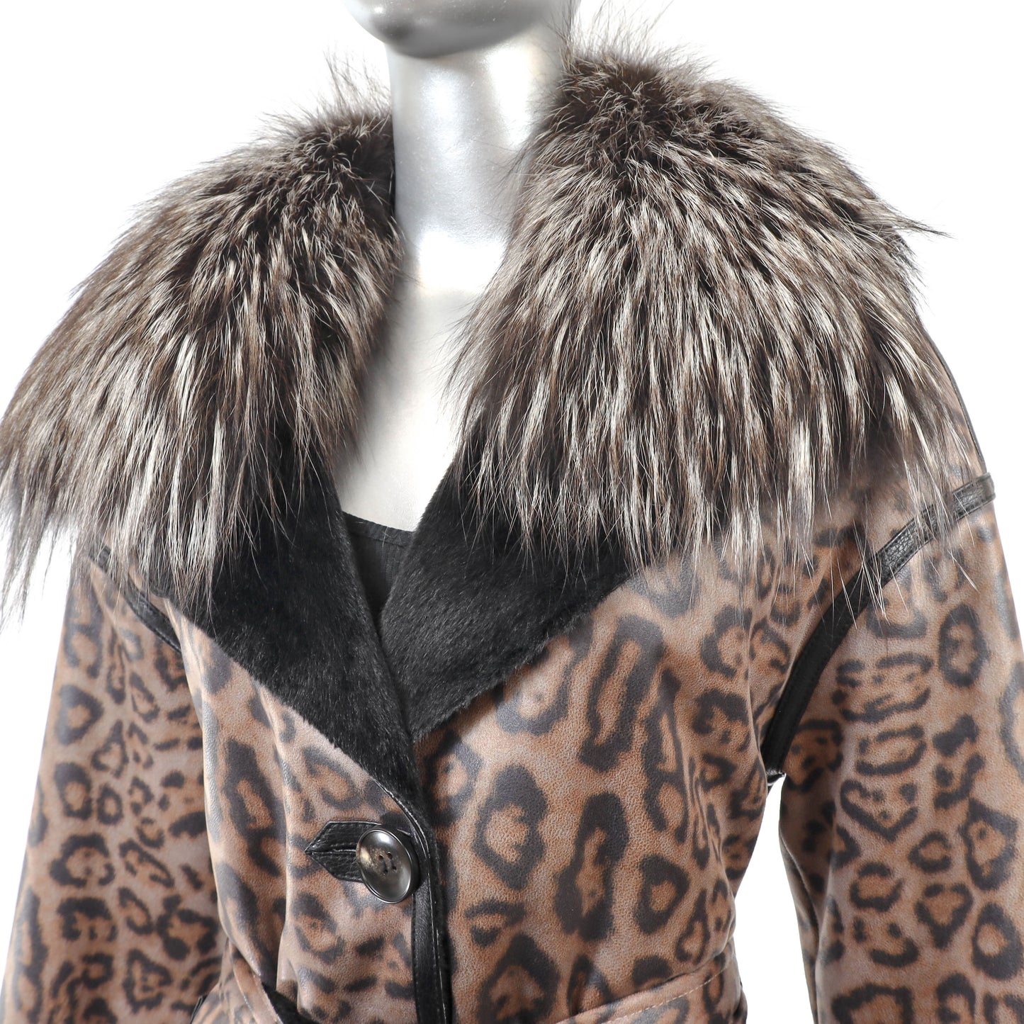 Animal Printed Faux Leather Coat with Detachable Fox Collar- Size M-L