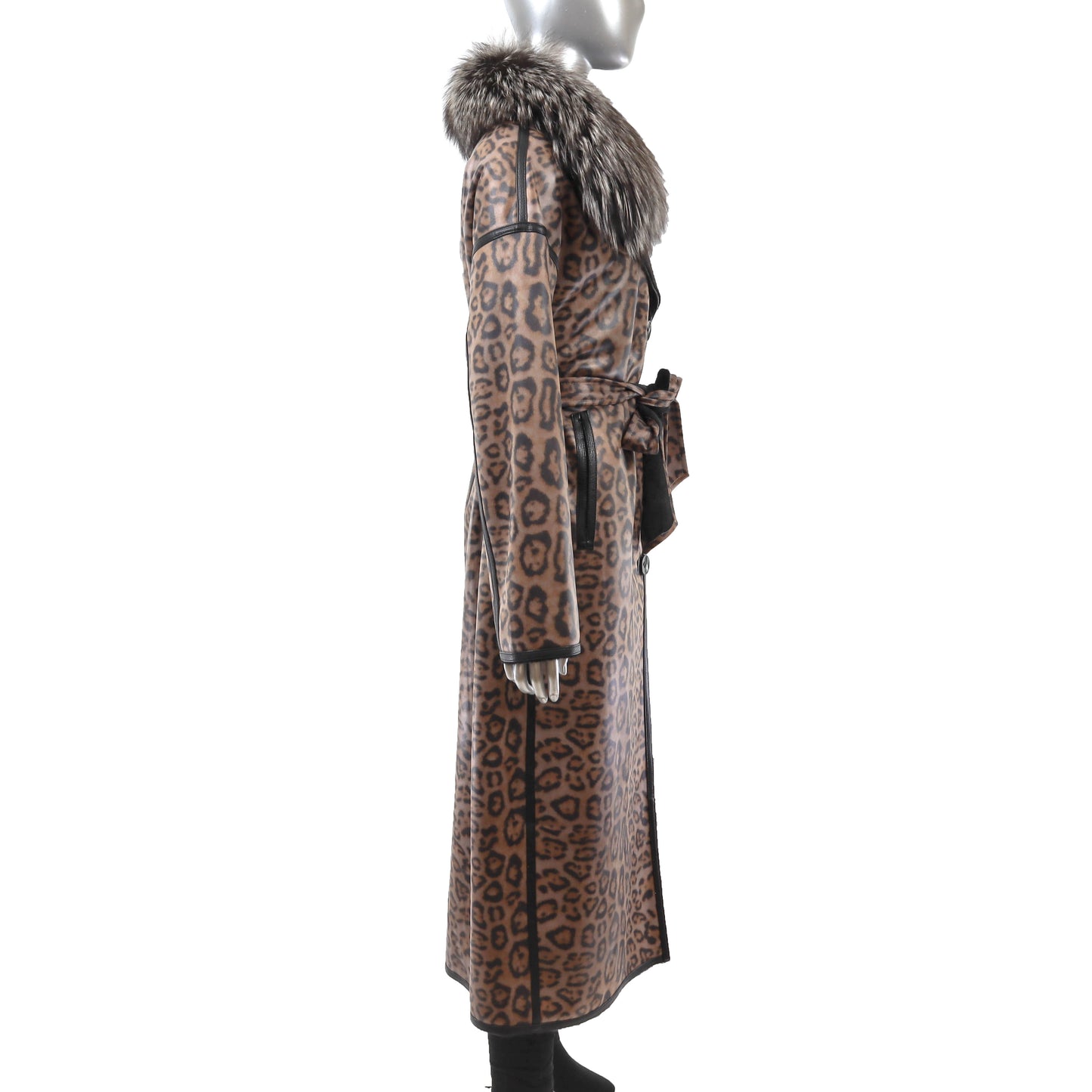 Animal Printed Faux Leather Coat with Detachable Fox Collar- Size M-L