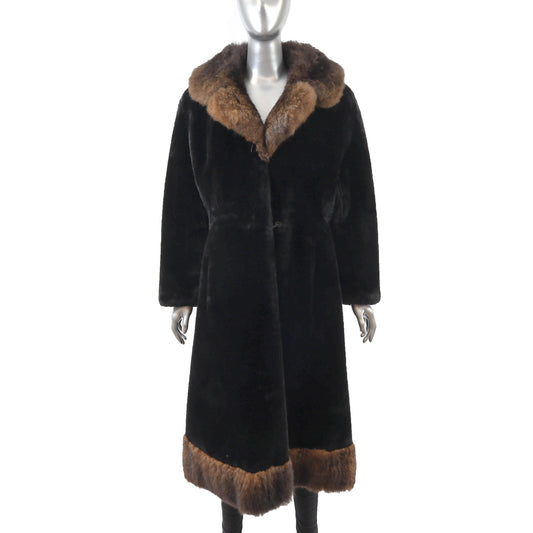 Black Faux Fur Coat with Opossum Trim- Size S