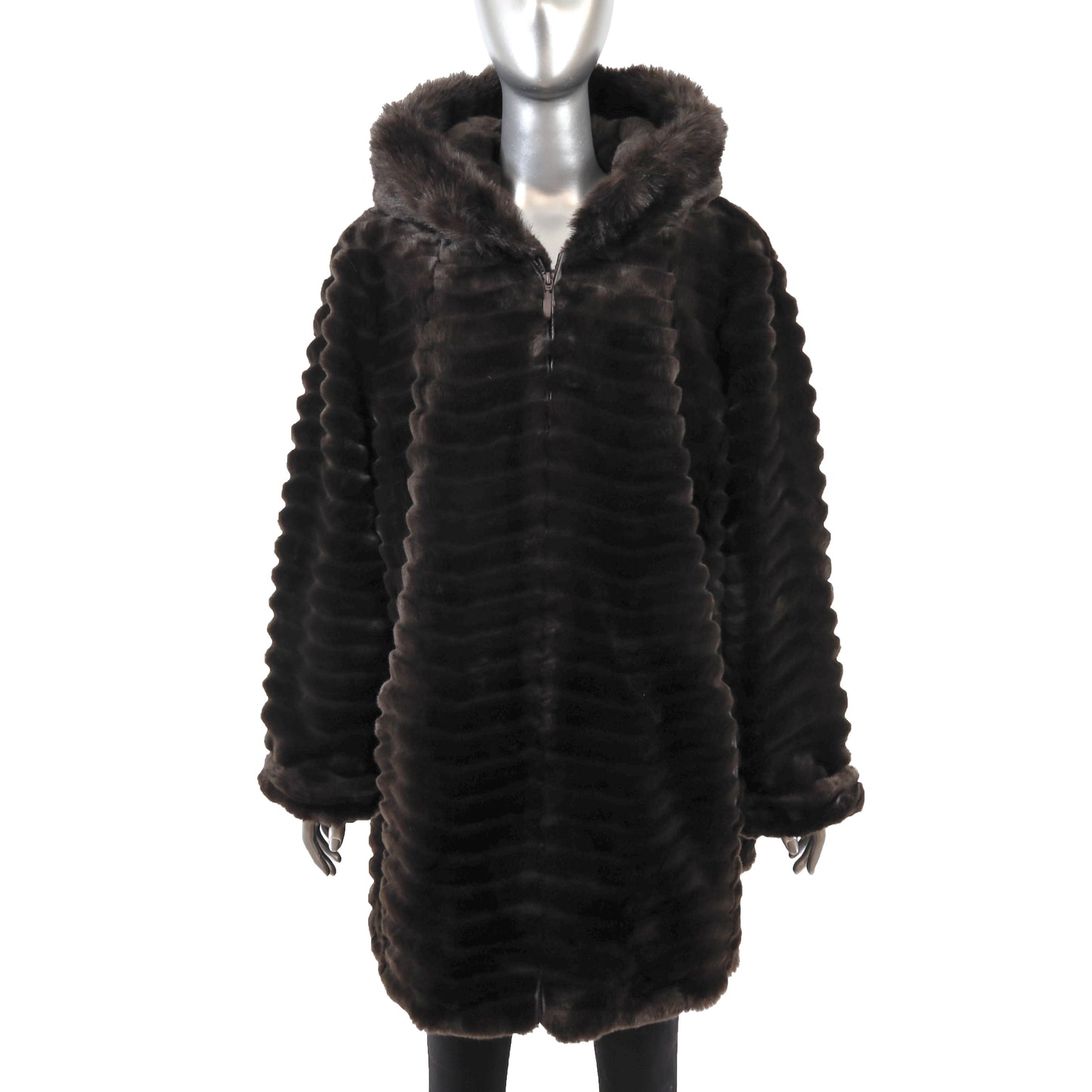 Brown Hooded Faux Fur Jacket- Size XL