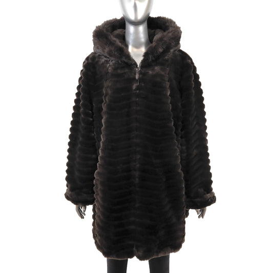 Brown Hooded Faux Fur Jacket- Size XL