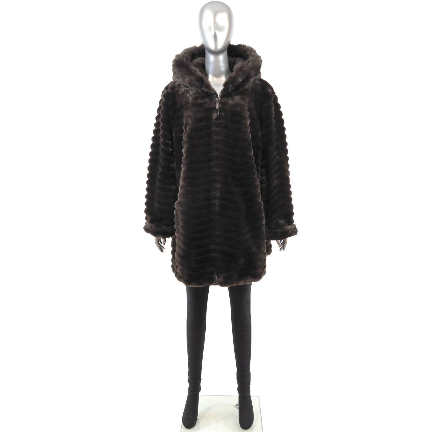 Brown Hooded Faux Fur Jacket- Size XL